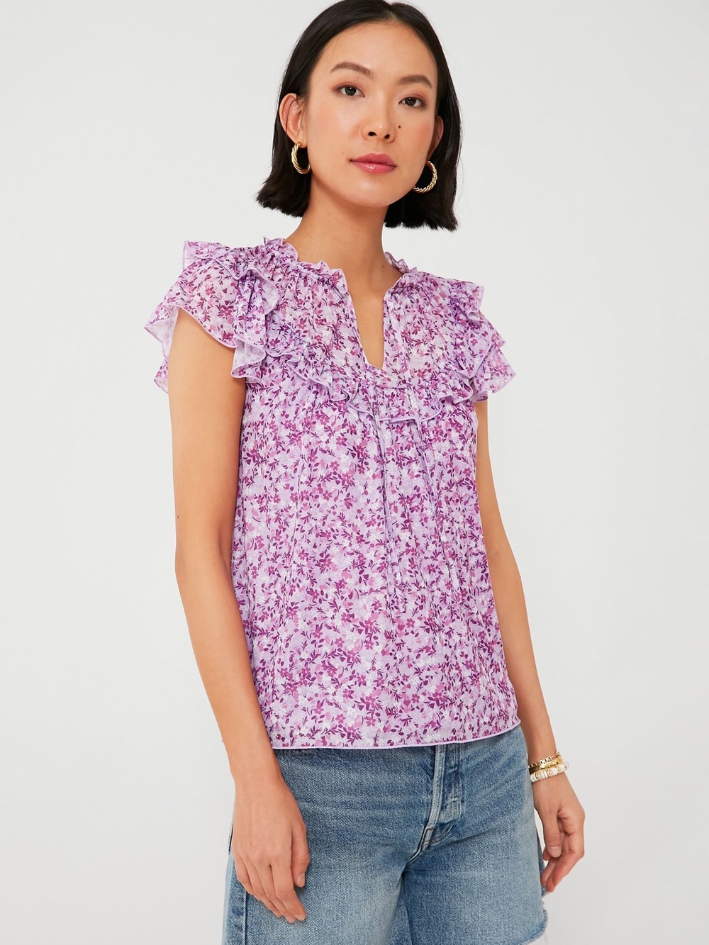 Draper James Floral Ruffle Purple Top Size Large